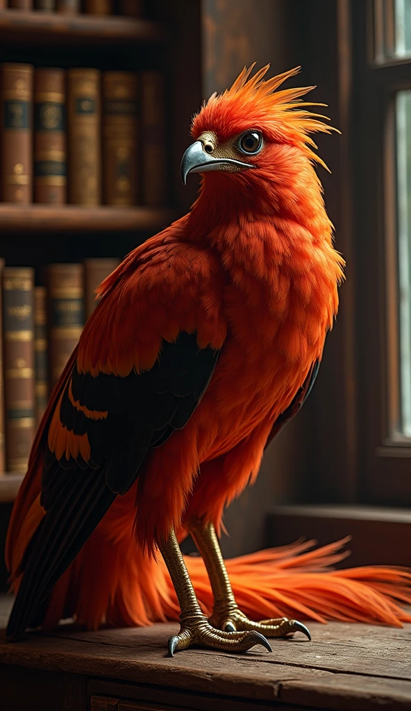 Fawkes, a Dumbledore's phenix, Fawkes has scarlet feathers on his body and a golden tail, as long as a peacock's tail. His claws and beak are like shiny gold and his eyes are black. Its scarlet feathers glow in the dark, while the golden feathers of its tail are scalding to the touch. Dumbledore on second plan, focus on pheonix, The background is Dumbledor's study, Harry Potter books
