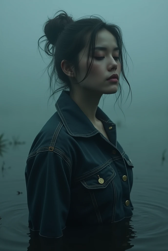 A woman in a tight dark denim jacket, drowning in a bog, with a loose bun, surrounded by fog, close-up, in a gloomy ecstatic state, wearing jeans, (best quality,4k,8k,highres,masterpiece:1.2),ultra-detailed,(realistic,photorealistic,photo-realistic:1.37),cinematic lighting,dramatic lighting,moody,melancholy,atmospheric,haunting,surreal