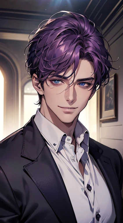 (best quality, masterpiece, 8K, photorealistic, cinematic lighting, 1:4 hdr image, ultra detailed, beautiful image), a mature man, 35 years very handsome, ((cold expression smile in love)), short purple hair, blue eyes, face perfect without mistakes, ((buttoning his jacket, CEO)), smile.