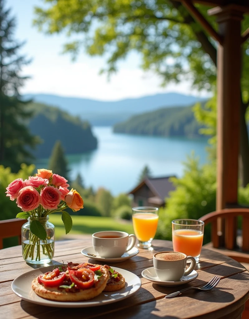 Summer cozy outdoor terrace, Roses on the table,cozy cabin, Stunning views of the lake from above, Very delicious breakfast, Tee