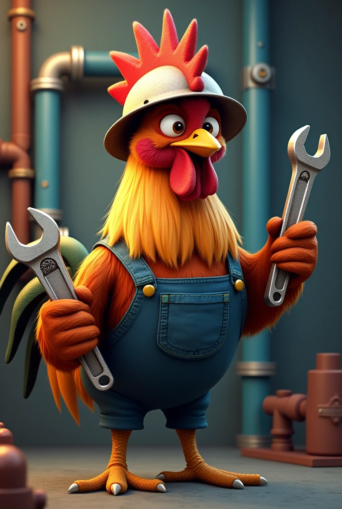 Rooster with a helmet and a stylson key , pressure wrench , plumber