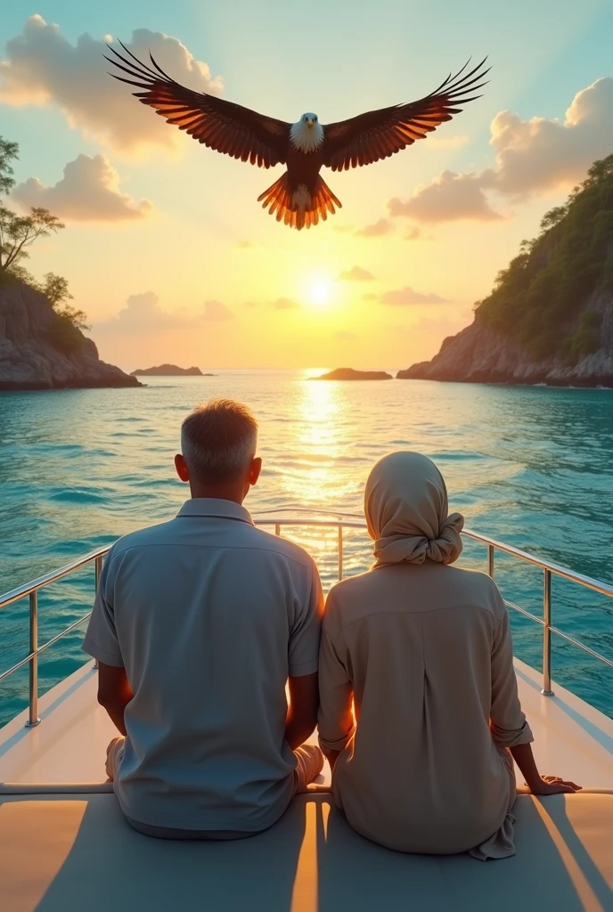 very detailed and realistic photos, HD quality, 4K, A married couple, Indonesian man and woman, 70 years old, black hair, the man is a bit thin, 170 cm tall, wearing casual clothes, the woman is wearing a headscarf, fat, 165 cm tall, the photo position is facing the camera, they are riding a luxury private yacht with an open roof on a seashore with a background view of small islands that are very beautiful and exotic with very clear sea water, a large eagle appears to be flying very close to their ship. morning atmosphere with the sun still looking reddish in the sky.