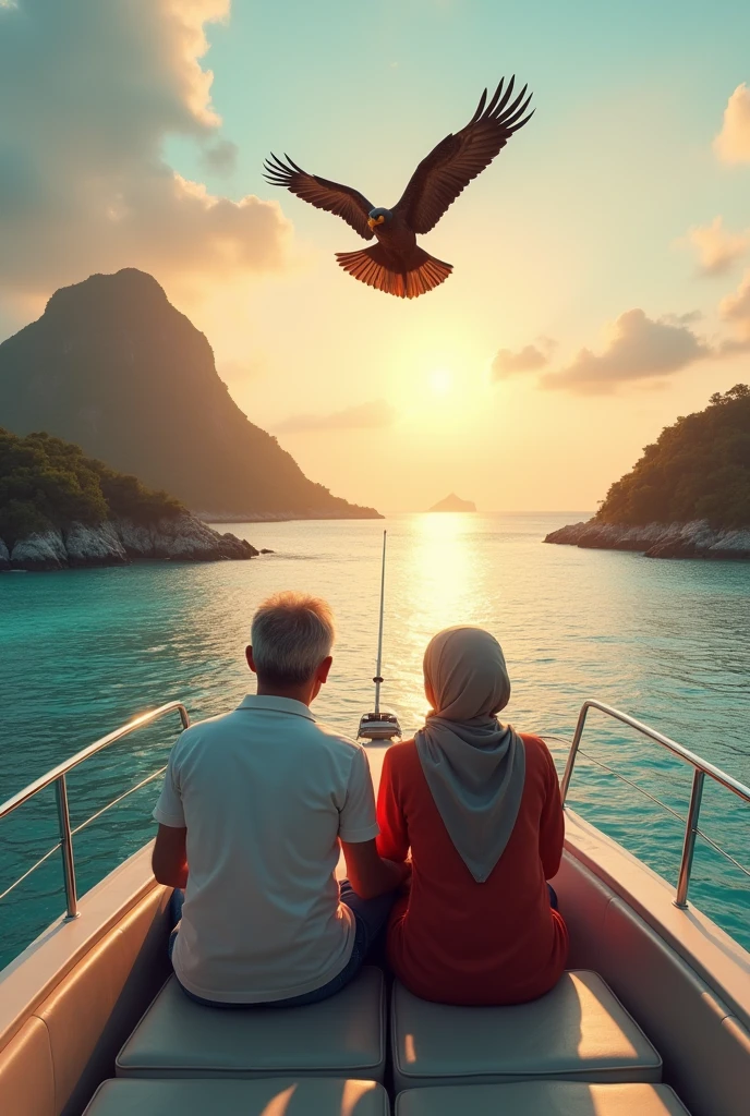 very detailed and realistic photos, HD quality, 4K, A married couple, Indonesian man and woman, 70 years old, black hair, the man is a bit thin, 170 cm tall, wearing casual clothes, the woman is wearing a headscarf, fat, 165 cm tall, the photo position is facing the camera, they are riding a luxury private yacht with an open roof on a seashore with a background view of small islands that are very beautiful and exotic with very clear sea water, a large eagle appears to be flying very close to their ship. morning atmosphere with the sun still looking reddish in the sky.