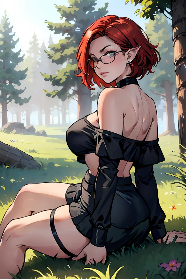 1girl, beautiful elf woman, ((Short Red Hair, Straight, has shine)) Blue eyes, double eyelids, light effect on eyes, detailed irises, beautiful curvy body, glasses, ((Off the Shoulder sleeveless Black top with mini skirt: 1.5)), black choker, black panties, black high heels, ((Work of art, hyper-realistic, hyper detailed, Best Quality, 16k, light and shadow on skin, vivid colors)), ((laying down on back on grass in forest on side resting, eyes are open: 1.5)), Lustful Expression, perfect lips, sexy mature face, lots of freckles all over body, full pouty lips, extreme blush, sensual smile, ((Night)), moonlit sky, Flirting with viewer, Looking at viewer, Flirty Lewd Smile, ((Large Breasts: 1.0)) ((Full Side View))
