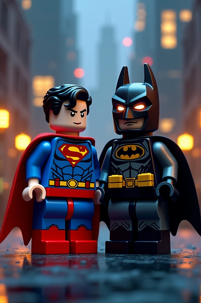Superman and Batman in lego art, night