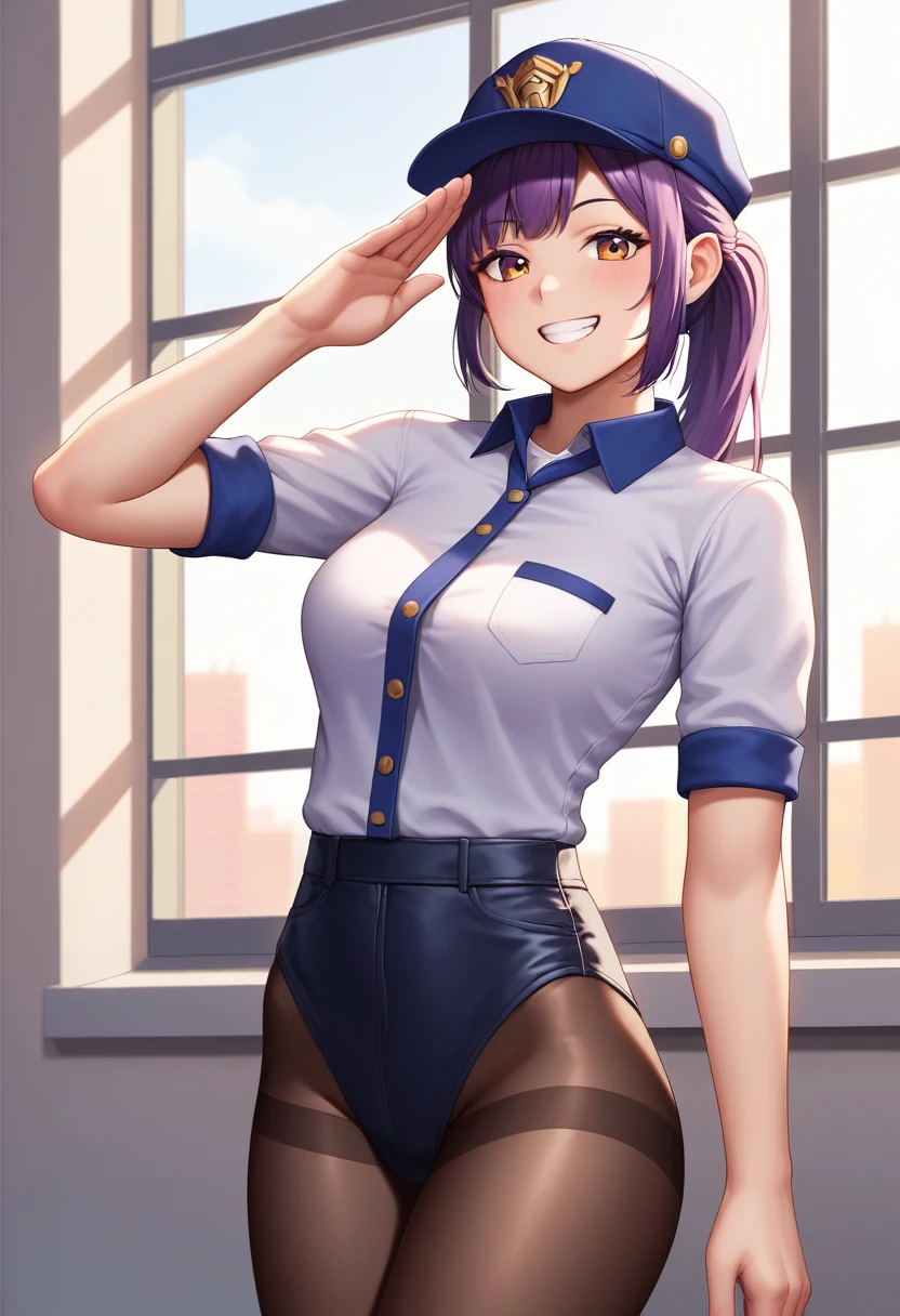 dawn, Flat Cap, Seraphim, White shirt, Long sleeve, pantyhose, salute, Tilt your head, Grin, window, Shine, Cowboy Shot, masterpiece, Highest quality, High resolution, Nice hands, Perfect hands