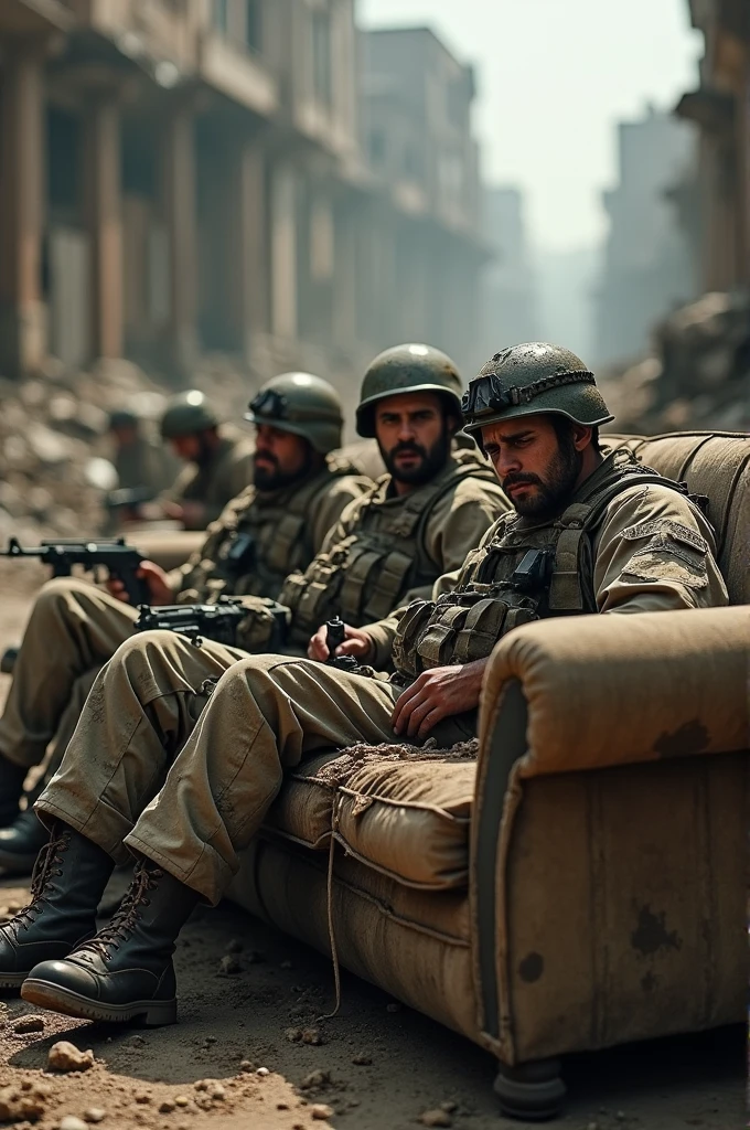 Solders resting on sofa in mid of war