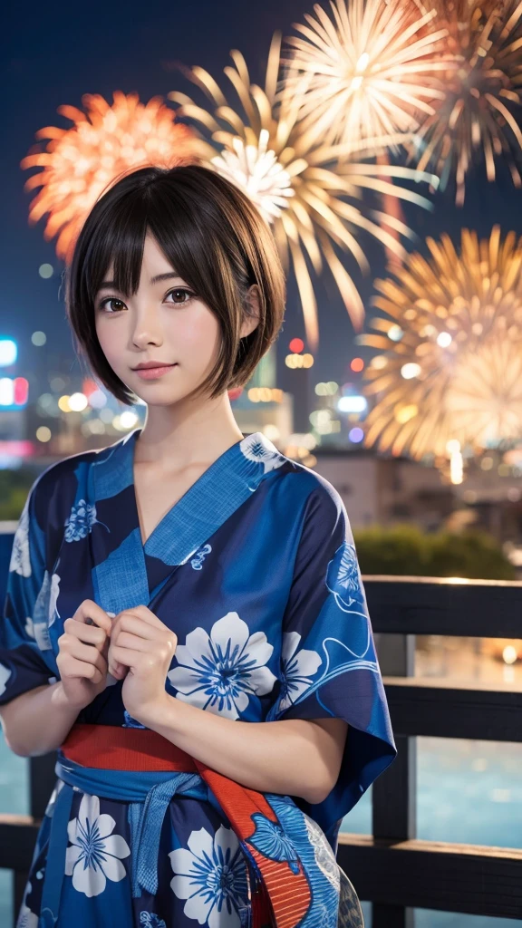 A short-haired anime girl wearing a blue yukata,firework