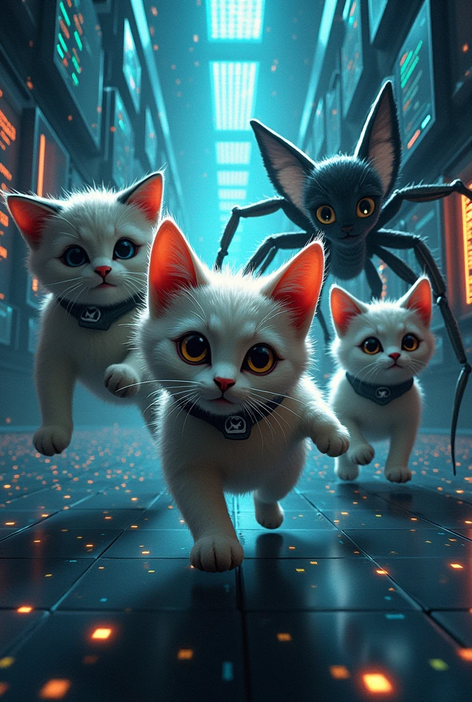 Make a promotional poster for a movie about 3 ragdoll cats and 4 wolf spiders who infiltrate the US military's online security