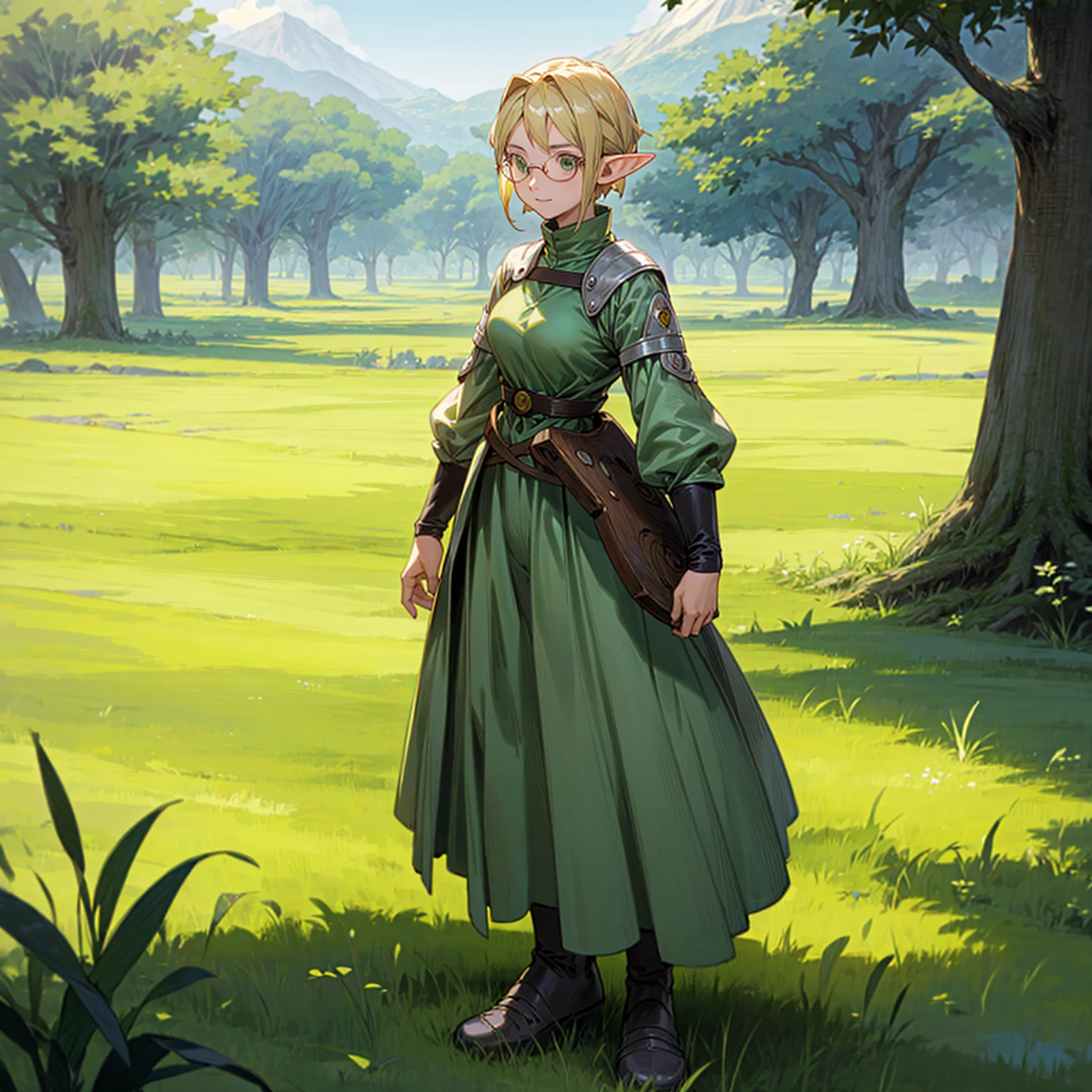 Solo character, full body version, old girl, (elf), green eyes, blonde color hair, short hair, long dress clothing, shoes, outdoor, field, Greenland, medieval, standing gesture, detailed background, detailed clothing, detailed hair, (Hunter x Hunter style art, Doraemon style art), happy, glasses, big breast,