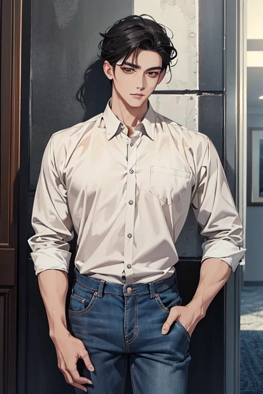 Highest quality、Ultra HD、Height 174cm、Slightly sturdy body type、Black hair with a few gray hairs、Regent style hairstyle。Narrow and gentle eyes、A calm and relaxed impression、Appearance appropriate for a 4、Wearing a casual shirt and jeans、