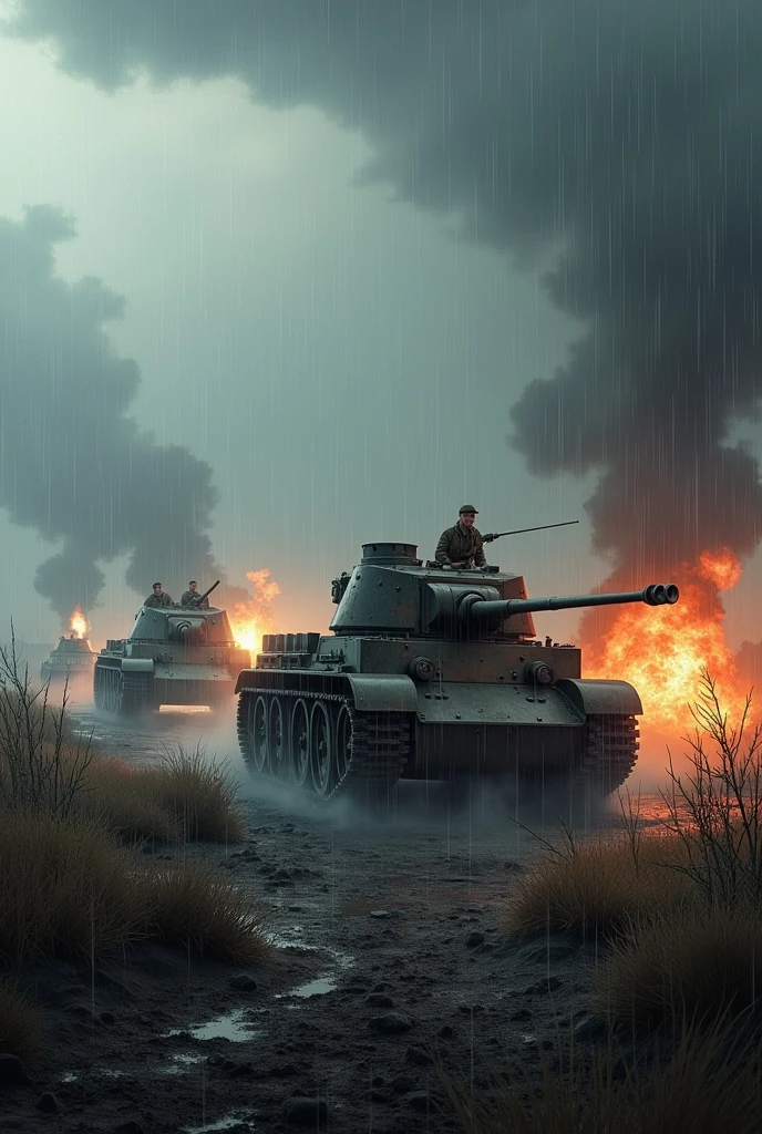 Tank battle in bombed England 2. World War in dreary dark weather and heavy rain