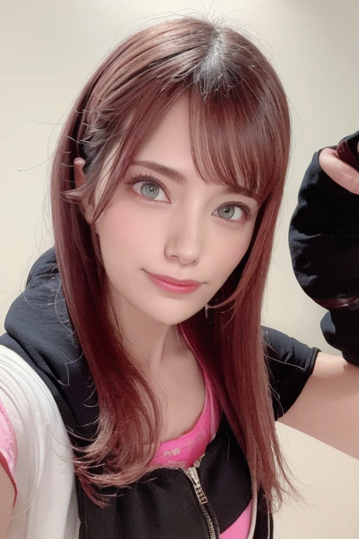 1girl, beautiful woman pink tank top jacket、Pink Panties, skinny, perfect body, defined abs, gold hair, standing in a white wall photography studio,  ultra-detailed face, beautiful eyes, beautiful lips, double eyelids, shy smile, trimmed bangs, sun-kissed skin, hint of pubic hair, (best quality, 8k, masterpiece:1.3), frontal and full-body shot, pussy line, front facing, open legs