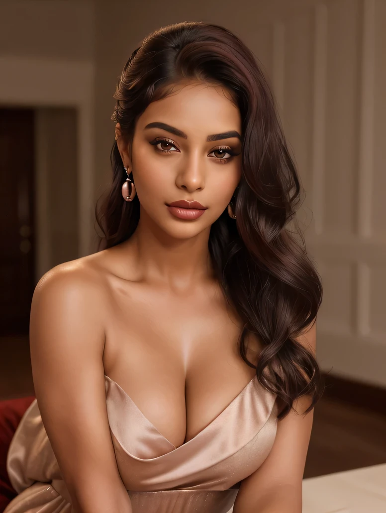 Create an ultra-realistic image of a modern, attractive female influencer of Indian descent, aged between 27 to 30. She should have a warm and inviting smile, expressive almond-shaped eyes with a slight shimmer, and clear, glowing skin with a medium brown complexion. Her features should be well-defined, with high cheekbones and a sharp jawline. Her hair should be long, thick, and styled in a classic chignon with delicate pearl hairpins, with a deep, reddish-purple hue that’s bold yet sophisticated. She should have a slender yet athletic build with gigantic breasts (plump: 1.3) (((Create a close-up image emphasizing the chest and upper body of a young woman. Her bust is prominent and full, highlighted by a low-cut, strapless dress made of silky, deep red fabric. The dress crosses over her chest, creating a lifted and well-defined cleavage, with the fabric hugging her curves smoothly. The deep red material contrasts beautifully with her skin, which appears smooth and flawless under the soft, warm lighting. The background features a subtle, elegant setting with rich textures and colors that complement the dress, but it is softly blurred to keep the focus on her upper body.))))