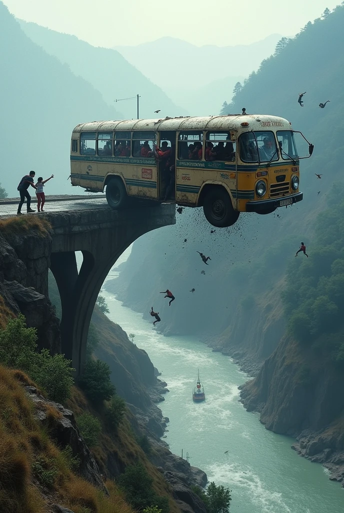 bus accidents in nepal at trisuli river bridge where bus is jumping on river and people are jumping from bus they broke glass of bus just 15 people are jumping from there bus is blasting