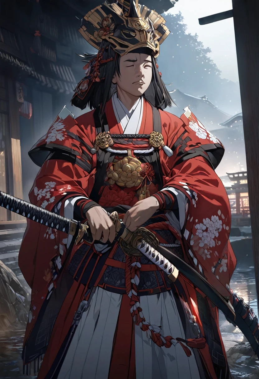 a melancholy japanese ronin wandering at night, (1 man, solo, dramatic pose, detailed face, eyes closed, detailed clothing, katana, , feudal japan, moonlight, moody lighting, vibrant colors, highly detailed, cinematic, masterpiece:1.2),(intricate, ornate, digital painting, concept art, hyper detailed, photorealistic, 8k, hdr, dramatic lighting)
