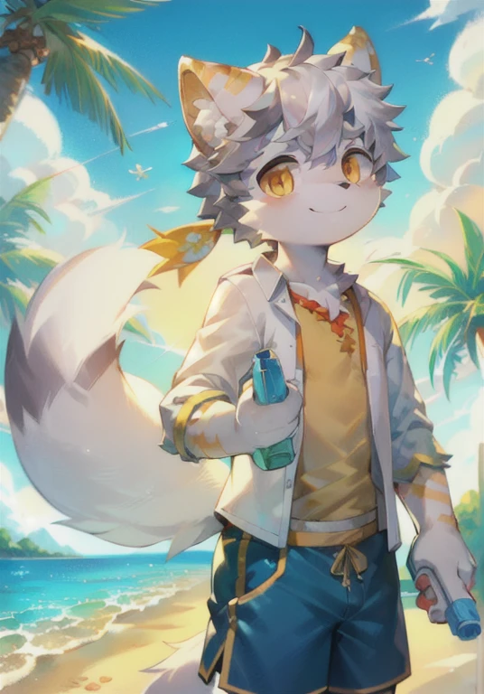 White male cat，boy，cute，Q version，，Big furry tail，Hairy pads，，Golden Eyes，，Detailed background，On the beach，Wear a bandana，Open floral shirt，Blue floral shorts，sunny，seaside，Water gun in hand，Smile happily，Silver hair，coconut tree