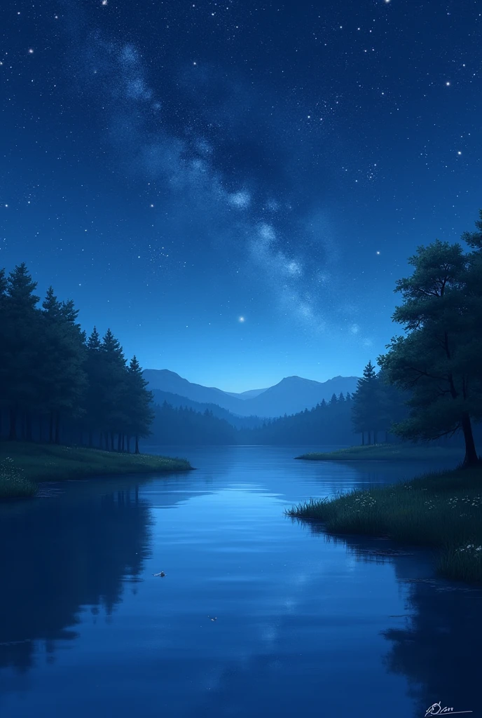 Picture a calm lake surrounded by a dense forest. The sky is ablaze with countless stars, reflecting in the still waters below. A gentle breeze ripples the surface of the lake, creating small waves. The air is cool and crisp, anime style