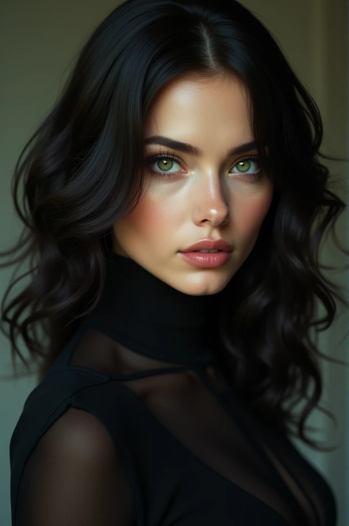 Woman black hair green eyes
