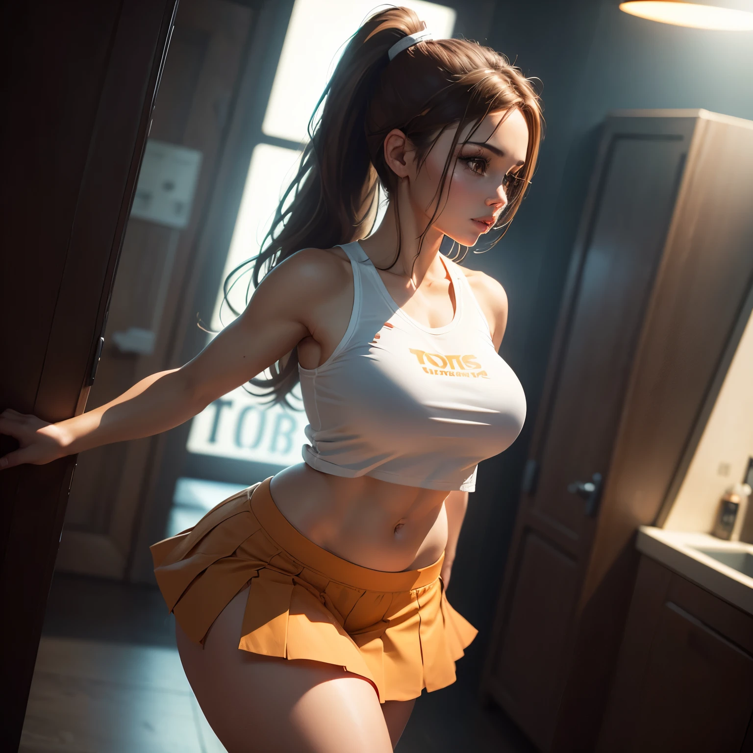 Hot Woman, fit body, light brown hair, ponytail, , hooters uniform {white top with Hooters logo, sexy orange short skirt, white ankle socks, white sneakers}, in a porno bar, extremely detailed, 8k, photorealistic, cinematic lighting, vivid colors, intricate details, ambient occlusion, depth of field, cinematic composition, dramatic lighting, moody atmosphere, sensual and alluring, high quality, masterpiece, makeup, god rays, bokeh, UHD, masterpiece, textured skin, high quality, seductive eyes, fingers --style realistic-imagine. exposed thighs, pleated short skirt,