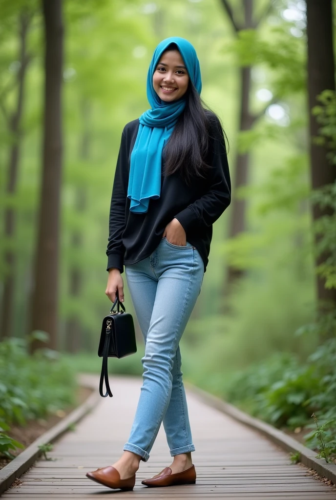 Please make me a photo of a young woman with a bright smile wearing a blue hijab and a black top. She stands facing the viewer on a wooden path in the woods, wearing light blue jeans and brown flats. He was holding a black purse with a long strap. The picture was taken from a low angle, and the woman looked at the camera. The background is a garden.