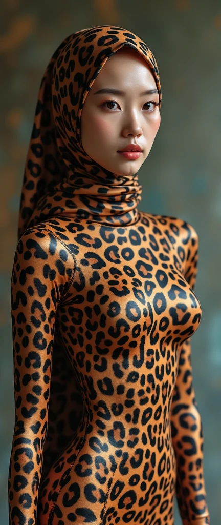 The beautiful,thin and clever asian muslimah adult girl with beautiful cheeks wears leopard print lycra footed turtleneck unitard catsuit covered with spots and leopard lycra elastane stretchy dancewear woven hijab covered with spots.She is has an idea when she has leopard face paint makeup.