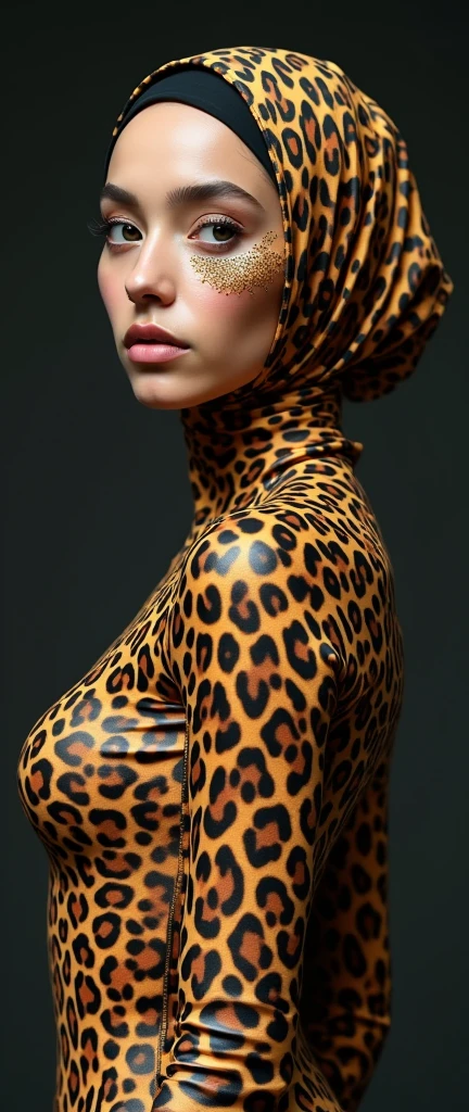 The beautiful and slender thin asian muslumah adult girl with beautiful cheeks wears white sunda clouded leopard print lycra turtleneck unitard catsuit covered with spots and white sunda clouded leopard print lycra elastane stretchy dancewear 100% stretchy hijab covered with spots.She is happy.She always put fake clouded leopard spots animal face beauty performance makeup.