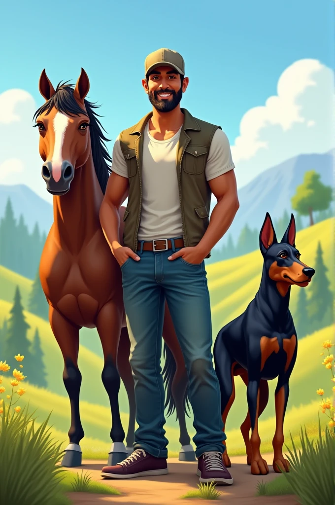 A man his name is jatin, who wear jeans, cap and t shirt stand with horse and doberman dog