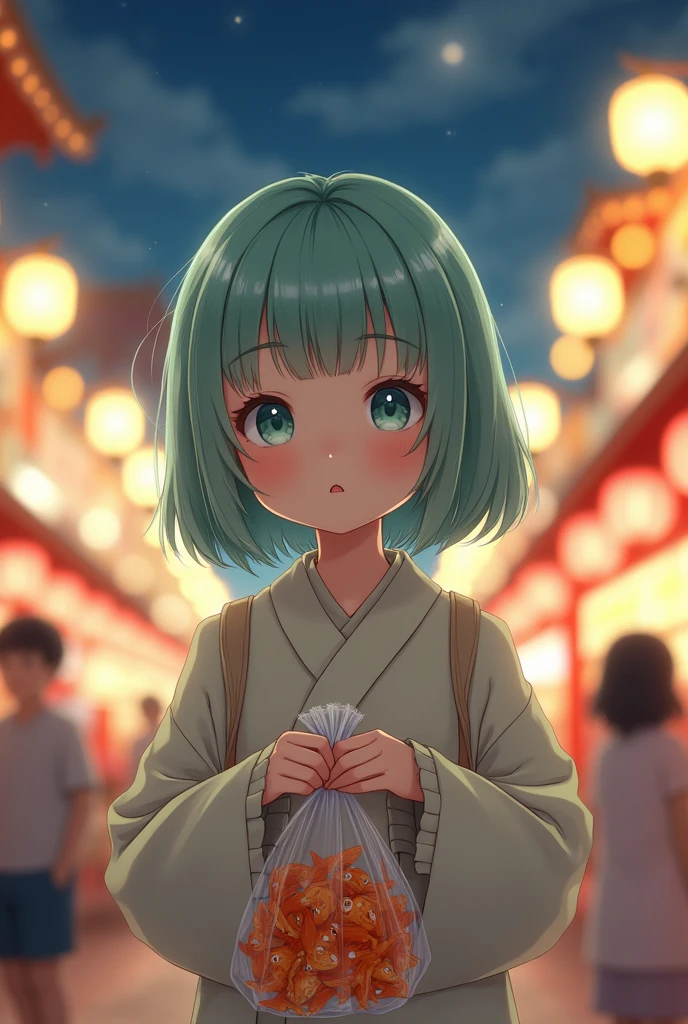 Create a cute 1 high160cm with bob hair + light green bangs, light blue eyes, at a Japanese festival at night, holding a bag of goldfish.