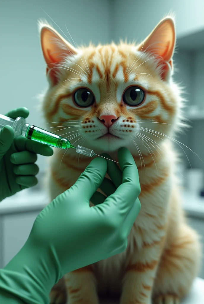 picture of a cat being injected with a green liquid