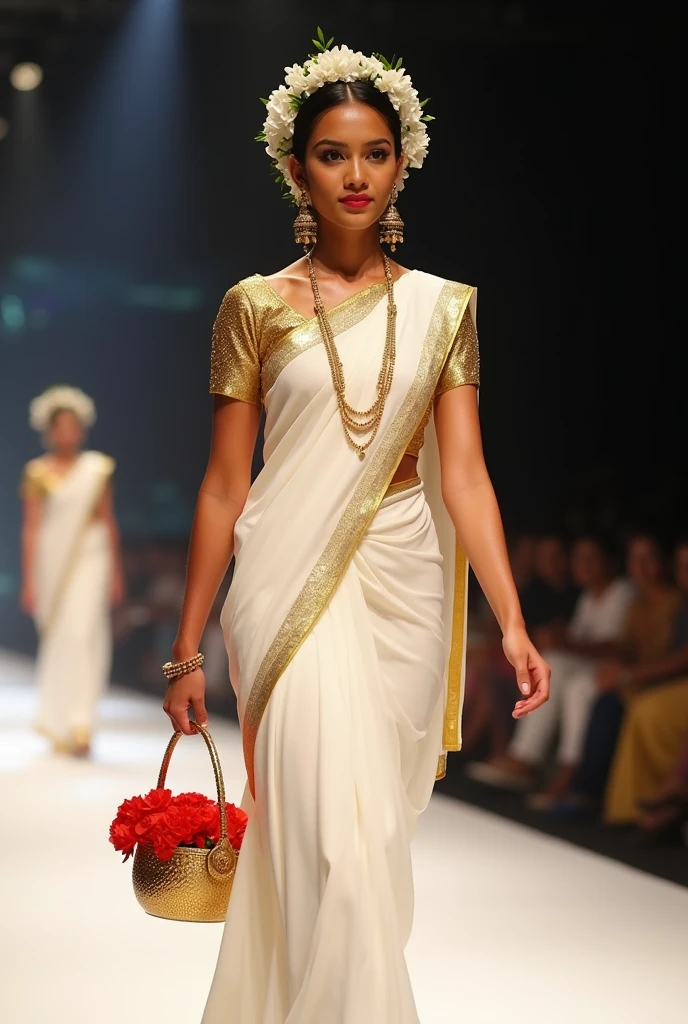 Girl looking like Kerala model face standing wearing white traditional saree with Golden blouse and golden kerala style jewellery and kerala style earring having a white garlet on her hair with white small jasmine flowers and holding a small hanging basket made with gold filled with red flowers and walking on a ramp in a fasion show