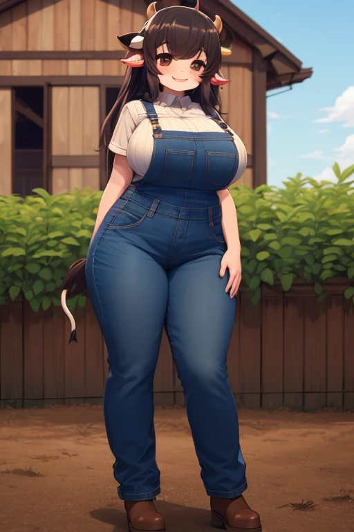 Plump, big breasts, black hair, brown eyes, chubby, smile, (cow girl Kemonomimi: 1.5), blue jeans overalls, longer hair, anime, plump round belly, standing outside, standing in front of a farm house, cow tail, hooves for feet,