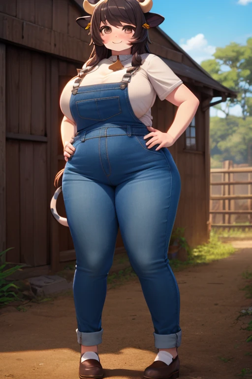 Plump, big breasts, black hair, brown eyes, chubby, smile, (cow girl Kemonomimi: 1.5), blue jeans overalls, longer hair, anime, plump round belly, standing outside, standing in front of a farm house, cow tail, hooves for feet,