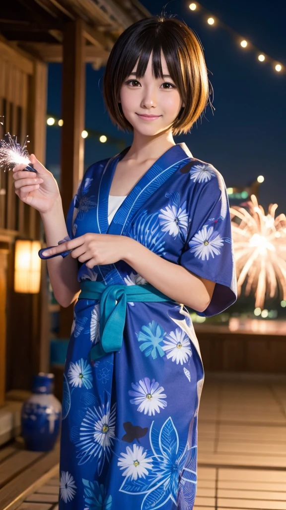 A short-haired anime girl wearing a blue yukata,Hand-held fireworks