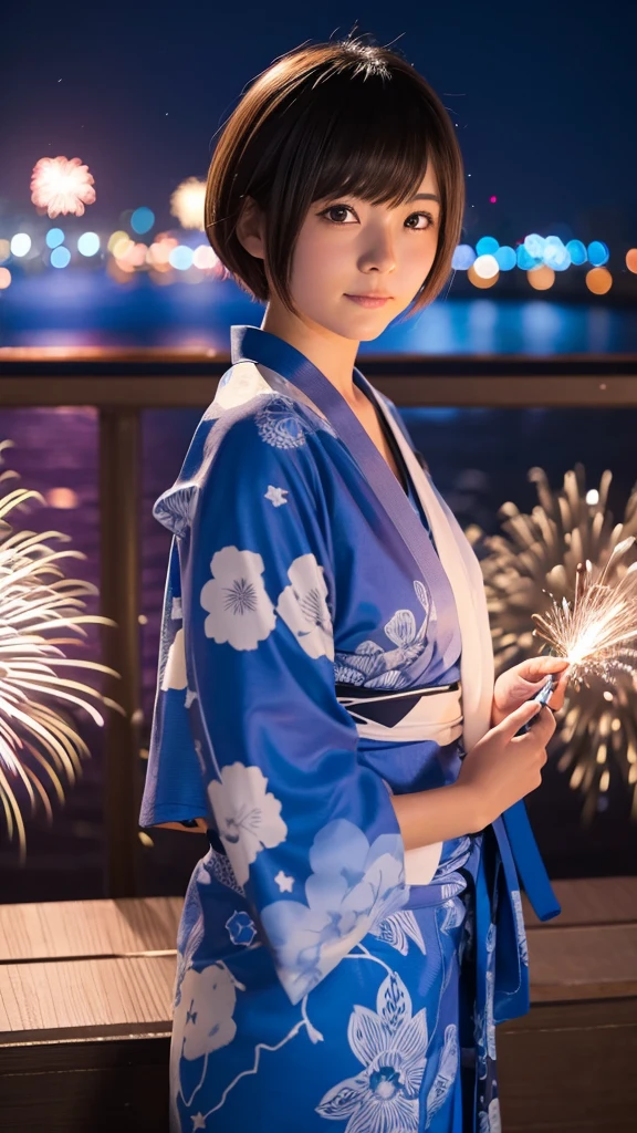 A short-haired anime girl wearing a blue yukata,Hand-held fireworks