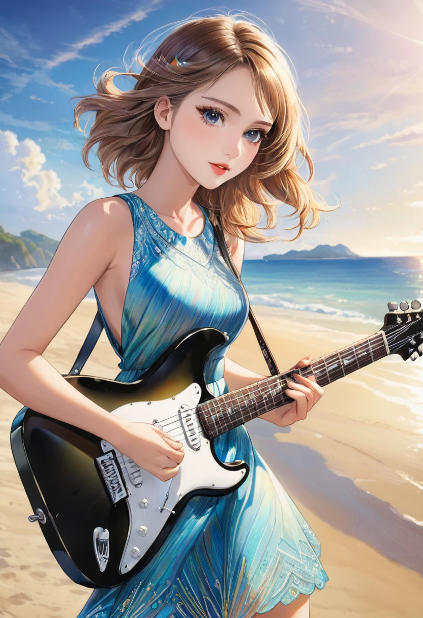 a beautiful woman in a sleeveless dress, elegant dress playing electric guitar, creative, Stage at the seaside、art, colored pencil drawing, detailed face and eyes, long eyelashes, delicate features, serene expression, natural lighting, vibrant colors, intricate textures, 8k, masterpiece, digital art、photorealistic,