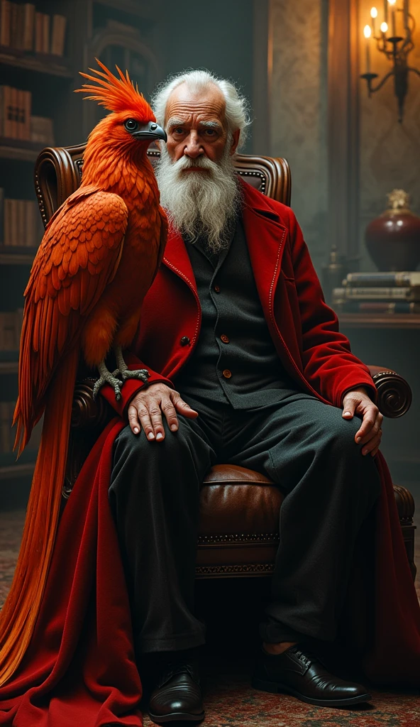 Dumbledore and Fawkes, a Dumbledore's phenix, Fawkes has scarlet feathers on his body and a golden tail, as long as a peacock's tail. His claws and beak are like shiny gold and his eyes are black. Its scarlet feathers glow in the dark, while the golden feathers of its tail are scalding to the touch. Dumbledore on second plan, focus on pheonix, The background is Dumbledor's study, From Harry Potter books