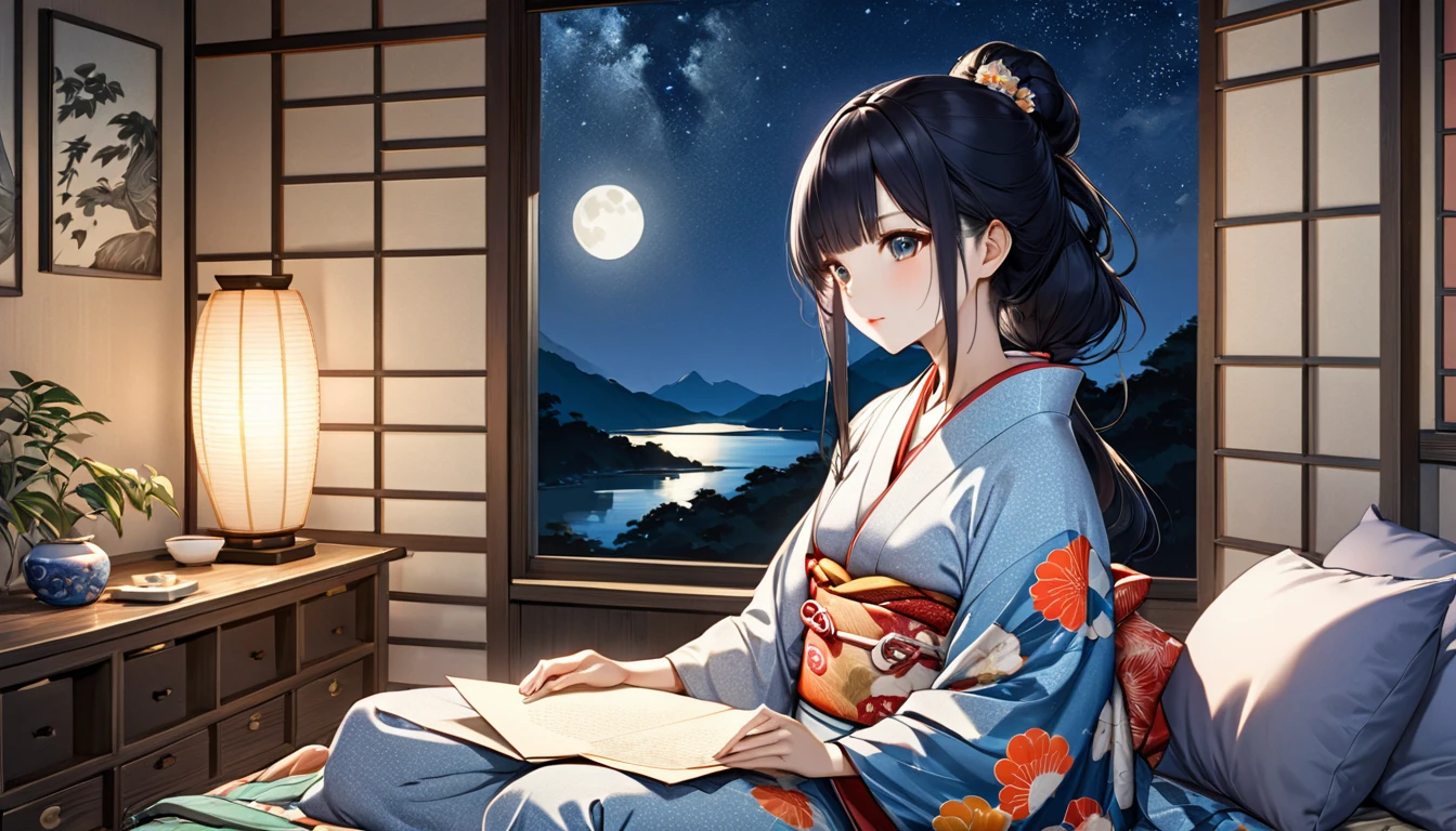 anime, A beautiful young Japanese woman with long black hair, soft moonlight illuminating her face, The background has a summery atmosphere, cozy bedroom setting, romantic and tranquil atmosphere, photorealistic, Highly detailed Ukiyo-e, Japanese painting, woodblock print, anime, manga, comics, figure, Beautiful woman, Wearing colorful open-necked kimonos, 窓からnight空,Staring dreamily at a love letter、The soft moonlight illuminates her face、Cozy bedroom setting、Romantic and tranquil atmosphere、Photorealistic、Very detailed,night