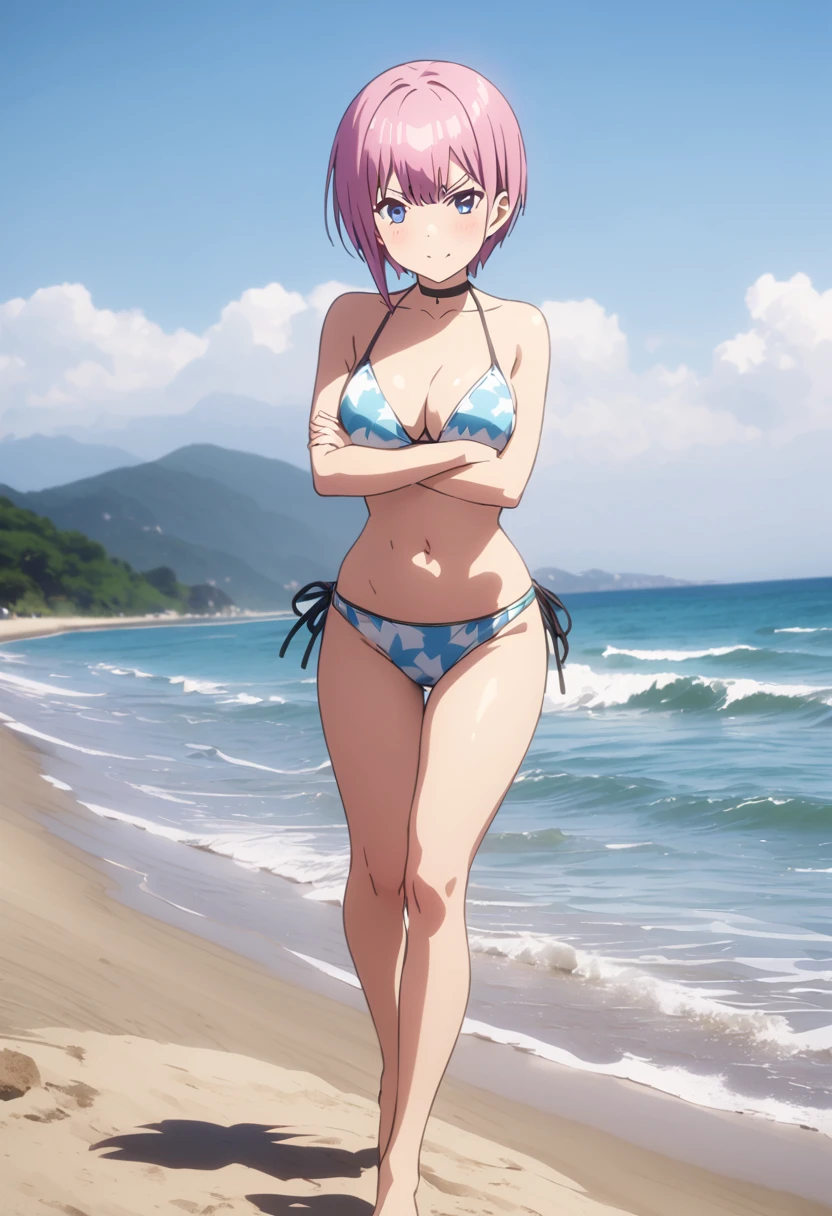 (Highest quality, 4K, 8k, High resolution, masterpiece:1.2), Very detailed, Picturesque, Animated Photography, Photo Animation:1.37)、A Japanese girl、(Pink Hair)、(Pixie Cut)、bikini、(bikini color:random)、angry、black choker、standing、crossed arms、on beach、Full body photography、straight-on、Nakano ichika