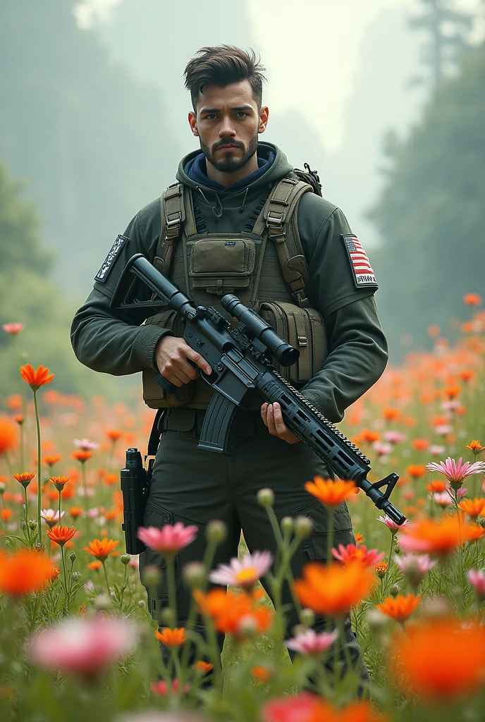 Creat an image of warzone player on flower field