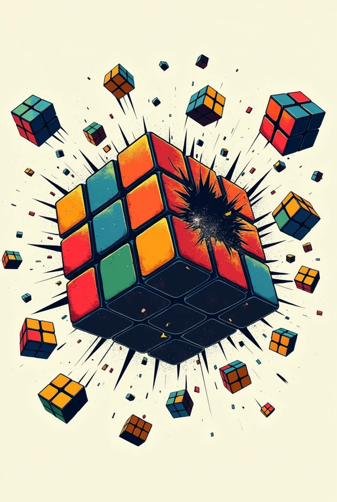 Rubik&#39;s cube 3x3 shattered , with the pieces flying , for a new scholl tattoo