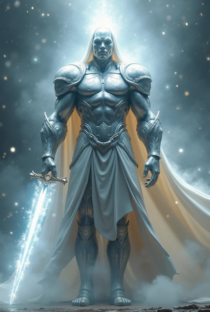 A God called Discipline,Discipline appears as an imposing being, with silver armor that shines like stars. His figure exudes power and control, with details engraved on their armor that symbolize order and precision. Sua espada, call "focusing", shines with a heavenly glow, being as sharp as the minds of those who follow their path. Your face conveys serenity and unshakable strength, with eyes that seem to see through distractions and illusions. He has an ethereal cloak that floats, as if it were made of pure light..