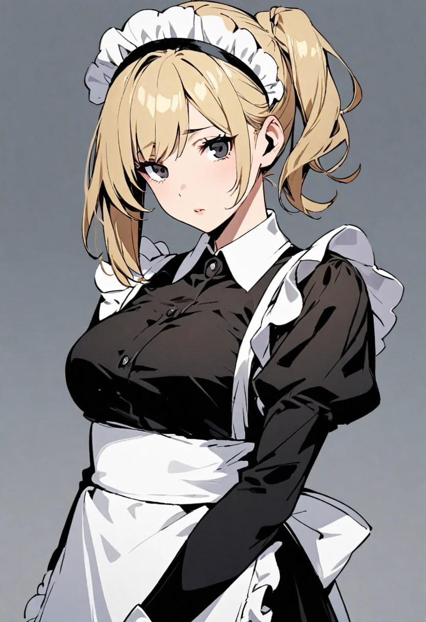 Solo, 1girl, medium hair, blond hair, black eyes, mature, side ponytail, maid, beautiful color, innocent