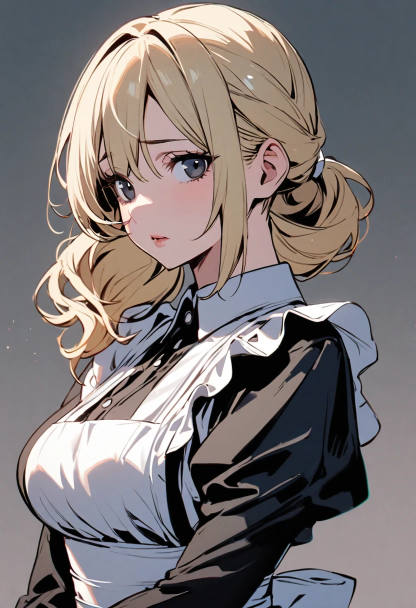 Solo, 1girl, medium hair, blond hair, black eyes, mature, side ponytail, maid, beautiful color, innocent