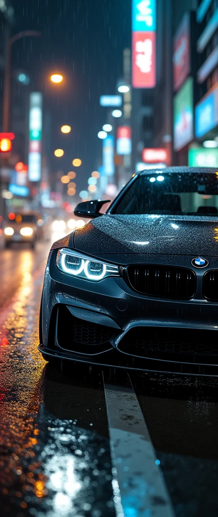 BMW m4 competition black colour,on the road of seoul city at night and rain