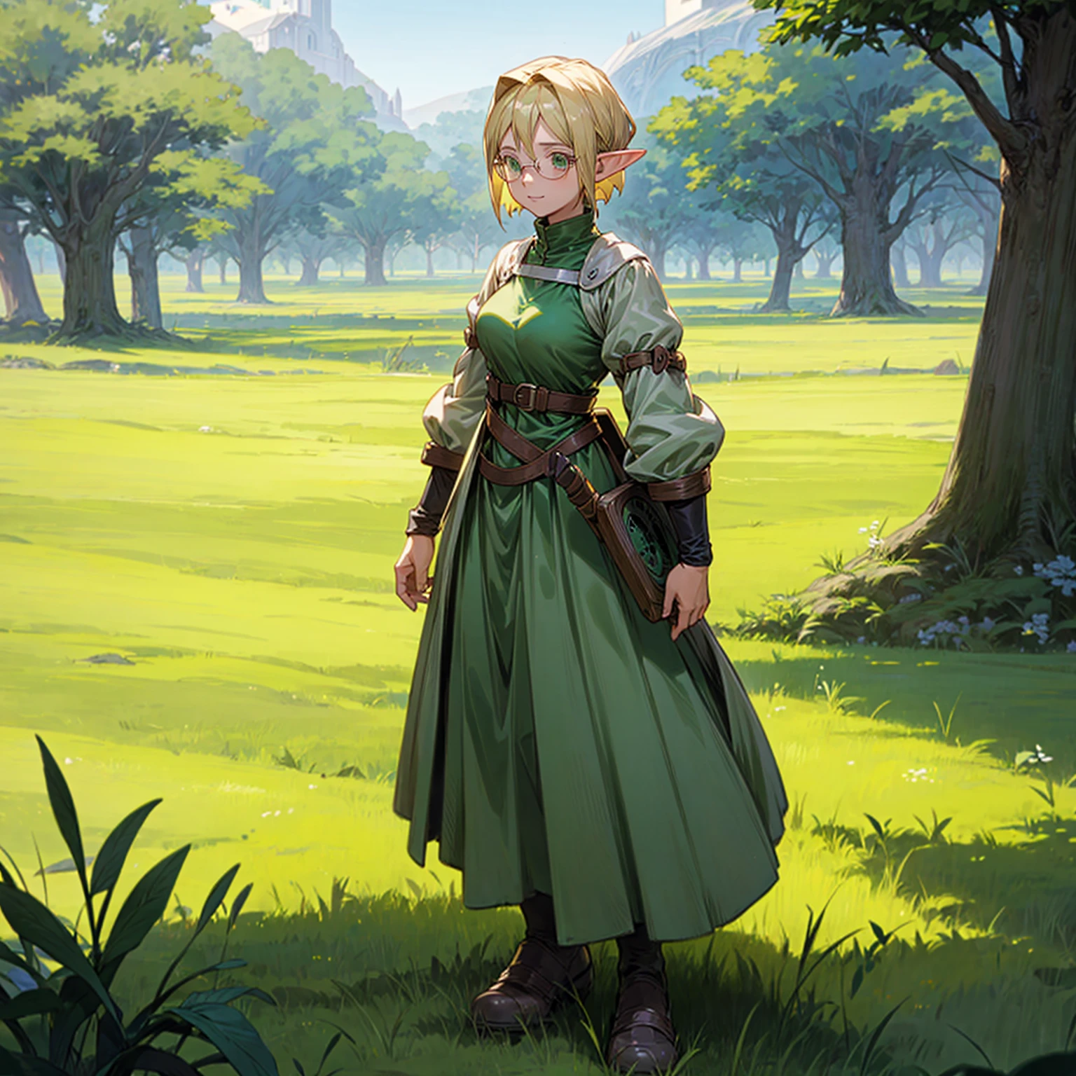 Solo character, full body version, old girl, (elf), green eyes, blonde color hair, short hair, long dress clothing, shoes, outdoor, field, Greenland, medieval, standing gesture, detailed background, detailed clothing, detailed hair, (Hunter x Hunter style art, Doraemon style art), happy, glasses, big breast,