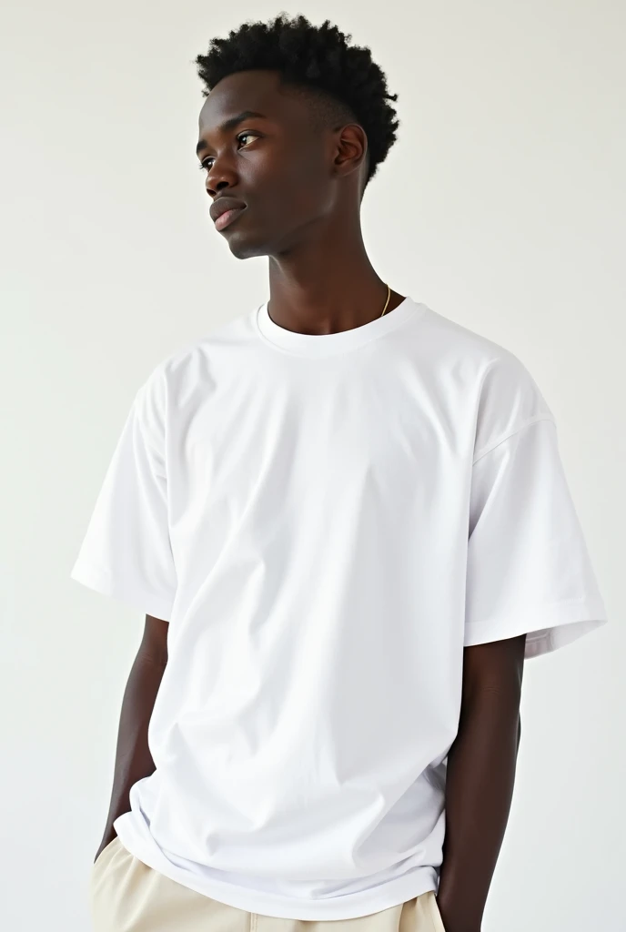  young black model, with an oversized white t-shirt, with a white background for a unisex clothing brand called MELO