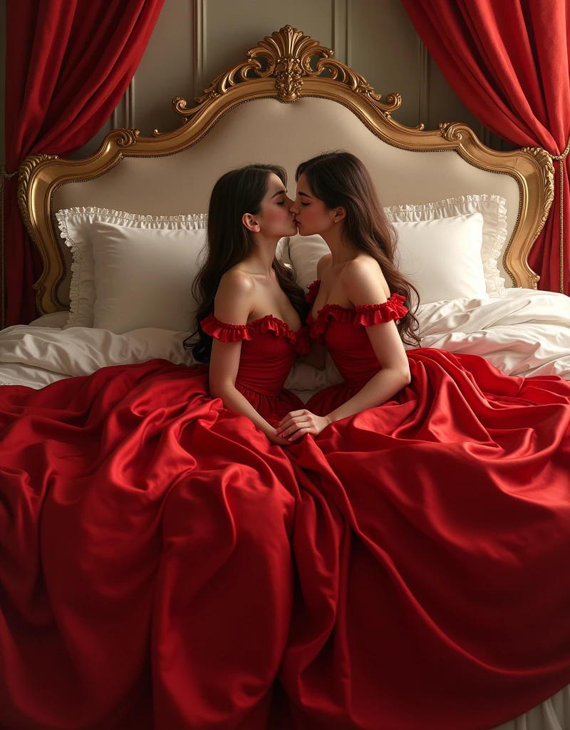 highest quality, masterpiece, highest resolution, artwork, super それにget used to it, many get used to it, get used to it, それにget used to it, romantic, two little girls, kissing,((red satin elegant dresses)),red satin evening dresses, ((Gorgeous queen rococo robe satin dress with voluminous full-length hoop skirt)),long sleeve,long dress,A dress with full silk fabric...,luxury,((Palace full red bedroom)),((huge satin bed)),Frilled silk red bedspread,many pillows on the bed,fluffy pillow with frills,two woman is kissing on the bed,luxurious ruffled red curtains