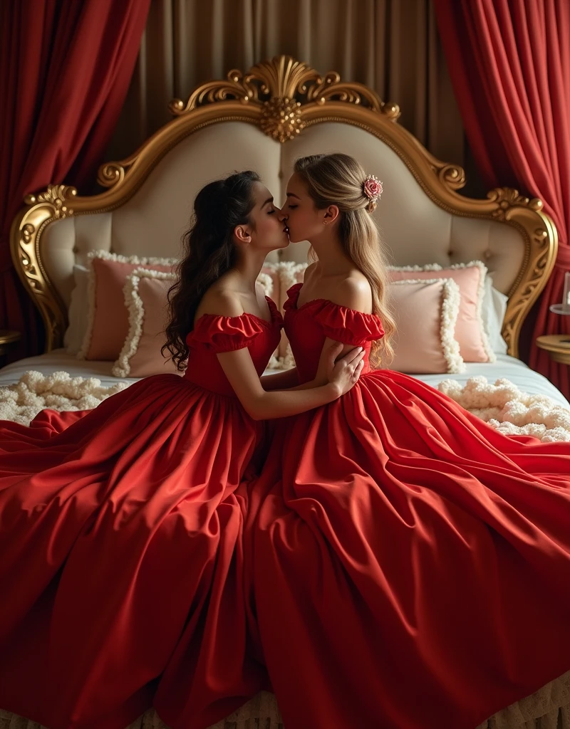 highest quality, masterpiece, highest resolution, artwork, super それにget used to it, many get used to it, get used to it, それにget used to it, romantic, two s, kissing,((red satin elegant dresses)),red satin evening dresses, ((Gorgeous queen rococo robe satin dress with voluminous full-length hoop skirt)),long sleeve,long dress,A dress with full silk fabric...,luxury,((Palace full red bedroom)),((huge satin bed)),Frilled silk red bedspread,many pillows on the bed,fluffy pillow with frills,two woman is kissing on the bed,luxurious ruffled red curtains
