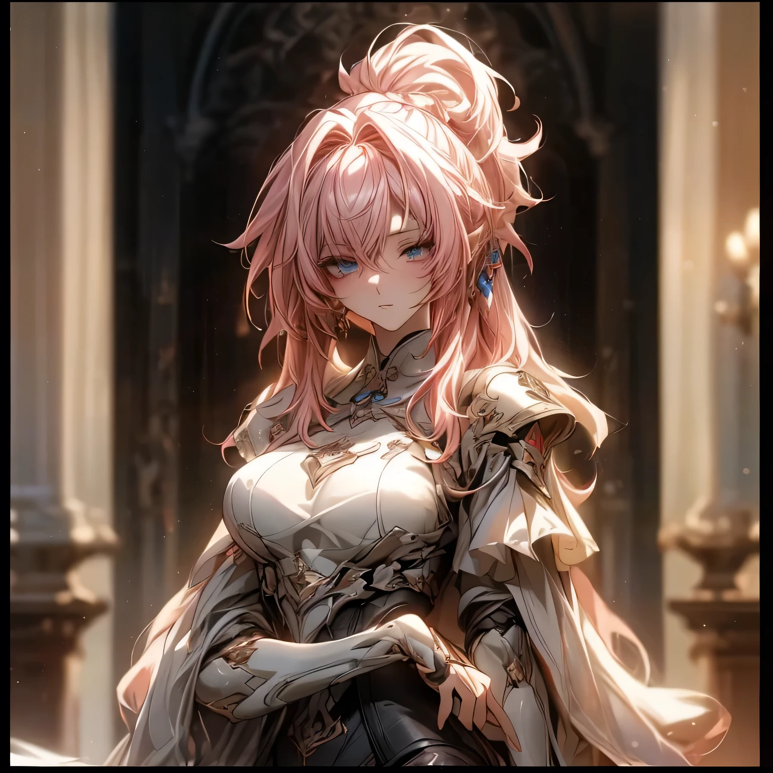 (best quality)), ((Masterpiece)), (details:1.4), 3d, HDR (high dynamic range), an image of a beautiful cyberpunk female, pink hair, High ponytail, Sleek style, Black eyes, hips up, จมูกโด่ง, ปากแดง, หน้าอกใหญ่, nvidia RTX, PBR surface, After processing, Anisotropic filtration,depth of field, Maximum clarity and clarity, multi-layered surface, Subsurface scattering, perfect proportions, 8K raw files, ultra detailed, Perfect proportions, volumetric lighting, soft lighting, Holy Knight, Heavy Armor, glossy skin, castle background, jewely, ต่างหู, นิ้วมือสมบูรณ์,